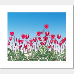 PINK FUCHSIA CYCLAMENS,GREEN LEAVES UNDER BLUE SKY Floral  Edit Posters and Art